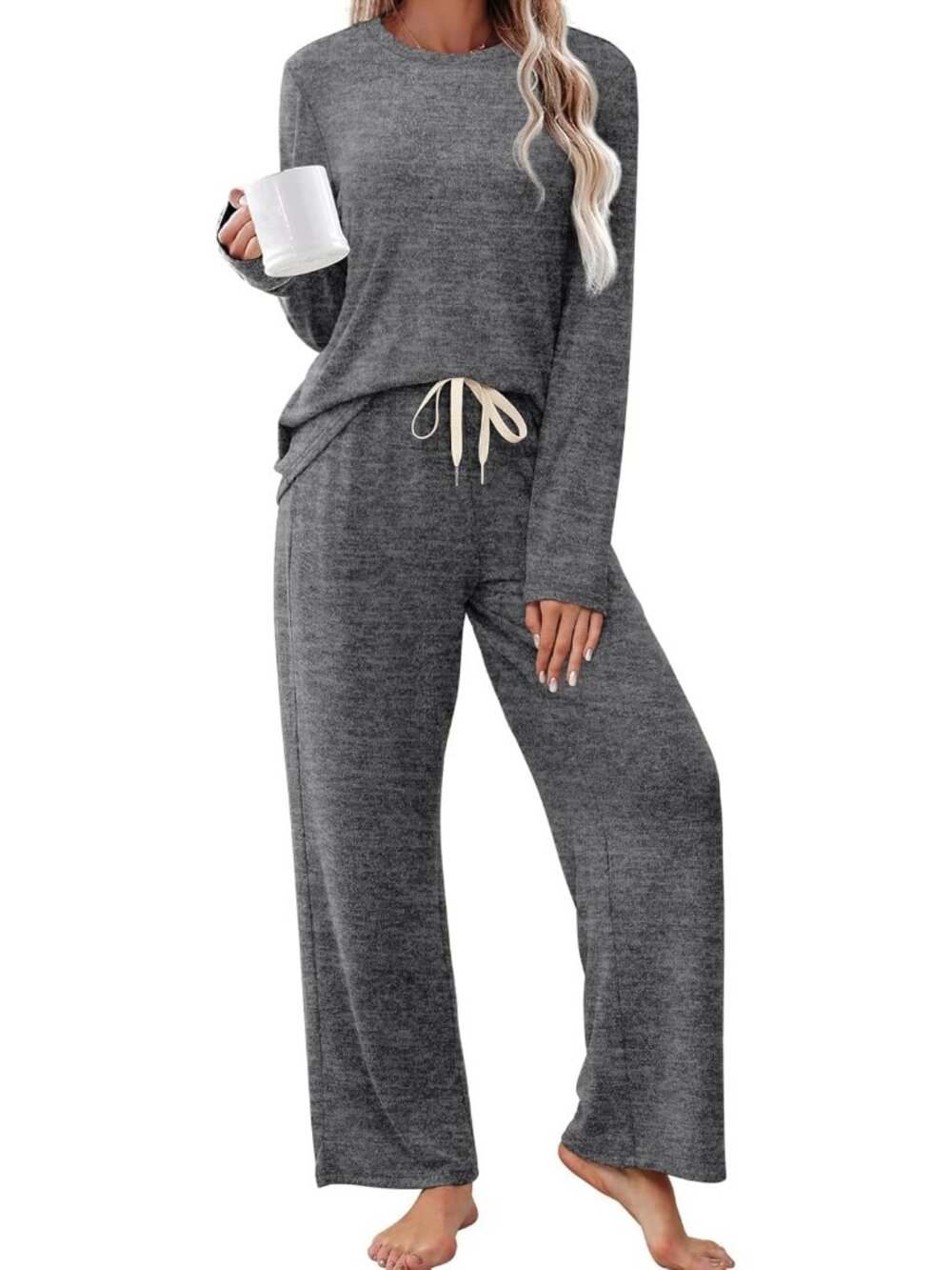 Women's Dark Grey Long Sleeve Shirt Sleepwear Two Piece Pajamas Set
